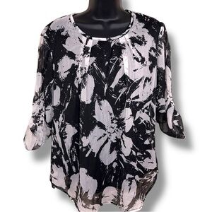 Y2K Era Frazzle Medium Black White Floral Blouse Roll Tab Sleeve Lined